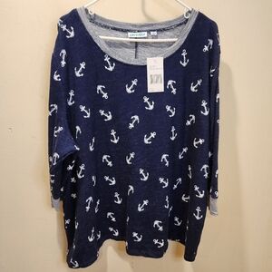 Kiwi Fresh Navy Anchor Print Sweater Plus  Size 2X Nwt